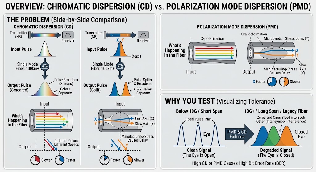 Side-by-side overview of chromatic dispersion versus polarization mode dispersion. On the CD side a narrow-band pulse enters single-mode fiber and the output smears as its colors separate by speed. On the PMD side the pulse splits into X and Y polarization halves that arrive offset in time. A lower panel shows a clean, open eye diagram degrading into a closed eye as CD or PMD rises and the bit error rate climbs.