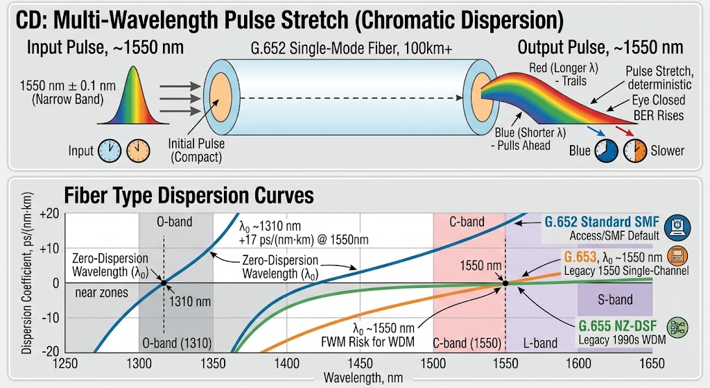 Two-panel chromatic dispersion figure. Top: a compact narrow-band pulse at about 1550 nm enters G.652 single-mode fiber and arrives stretched at the far end, with the shorter blue wavelengths pulling ahead of the longer red ones. Bottom: dispersion coefficient in ps per nm per km plotted against wavelength from 1250 to 1650 nm for three fiber types — G.652 crossing zero near 1310 nm and running about +17 at 1550 nm, G.653 crossing zero near 1550 nm, and G.655 staying in a shallow non-zero band across the C-band. The O-band, C-band, and L-band are marked.