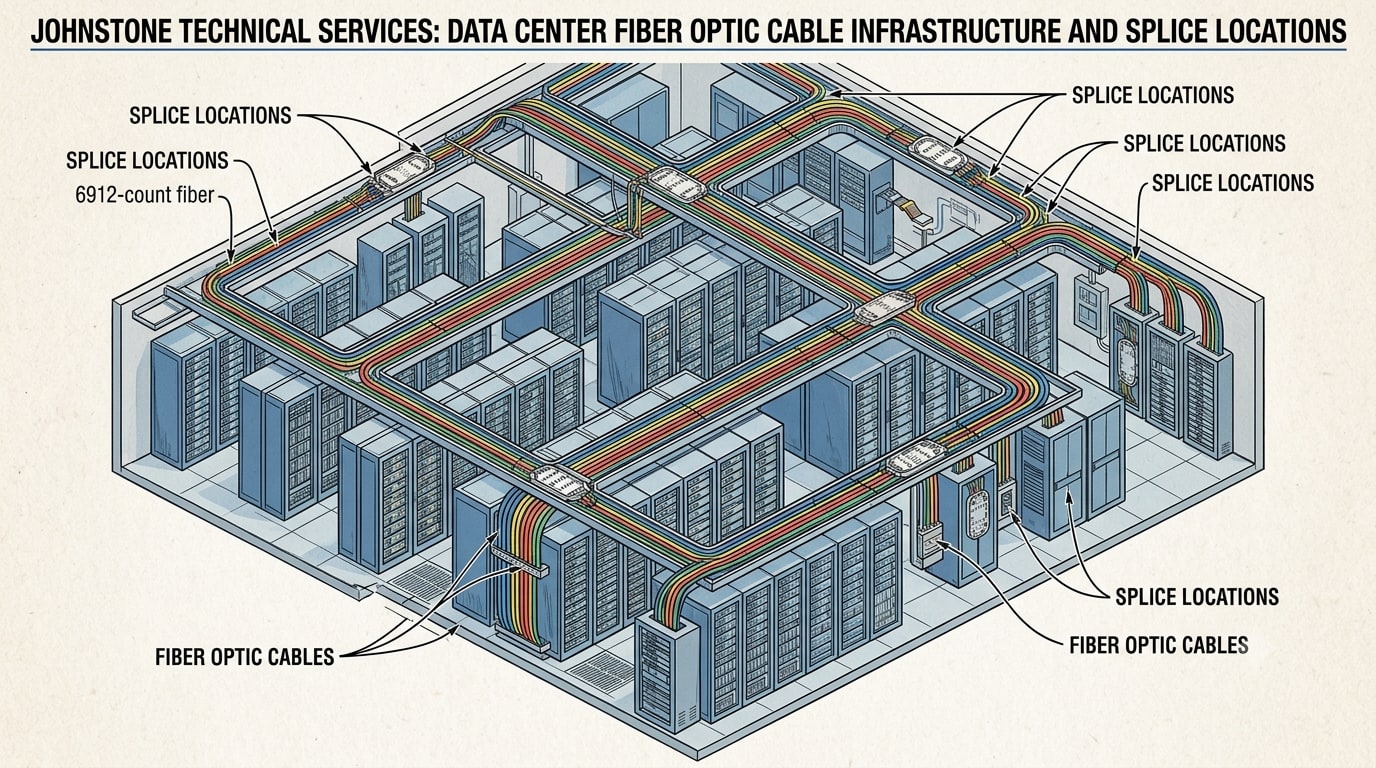 Isometric cutaway diagram of a data center floor showing rows of server racks with color-coded 6,912-count fiber optic trunk cables routed along the aisles and multiple splice locations called out.