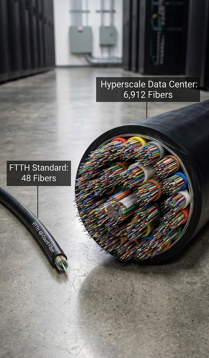 A thin 48-fiber FTTH drop cable beside the cut end of a hyperscale data center trunk cable packed with 6,912 color-coded fibers, on a data center floor for scale.