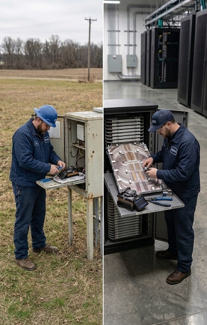 Split image: on the left a technician works at a rural fiber pedestal in a field; on the right the same technician splices fiber at a tray inside a data center.