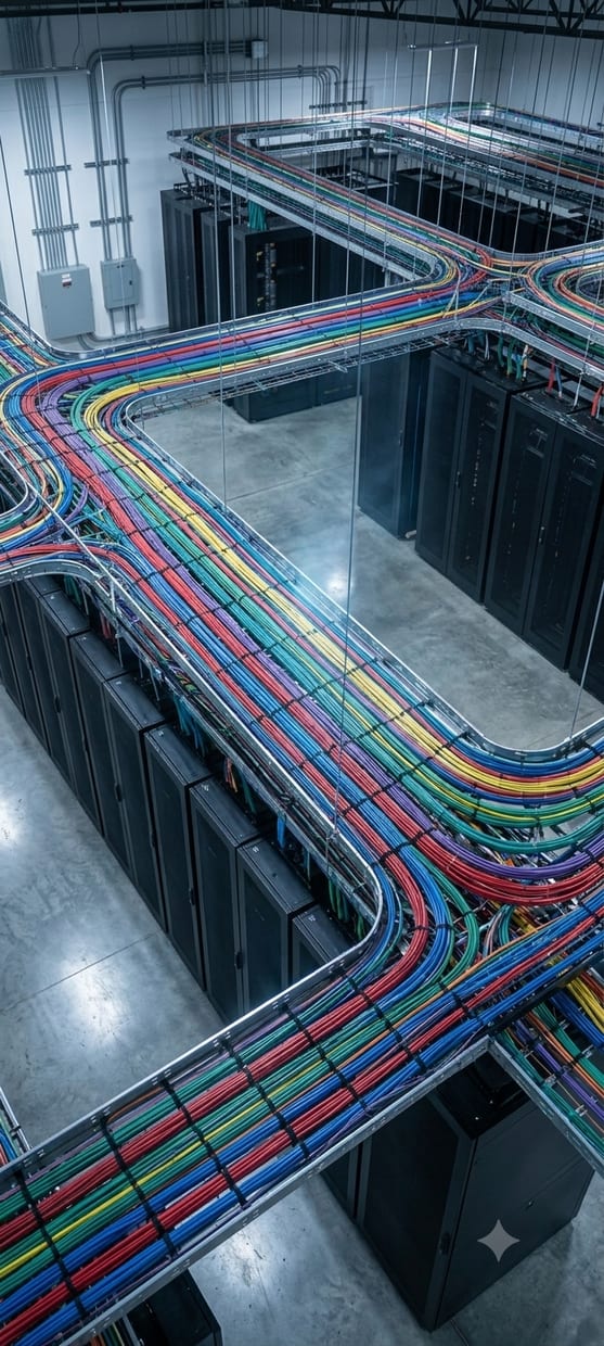 Overhead view of dense, color-coded cable trays running like highways above rows of black server racks on a data center floor.
