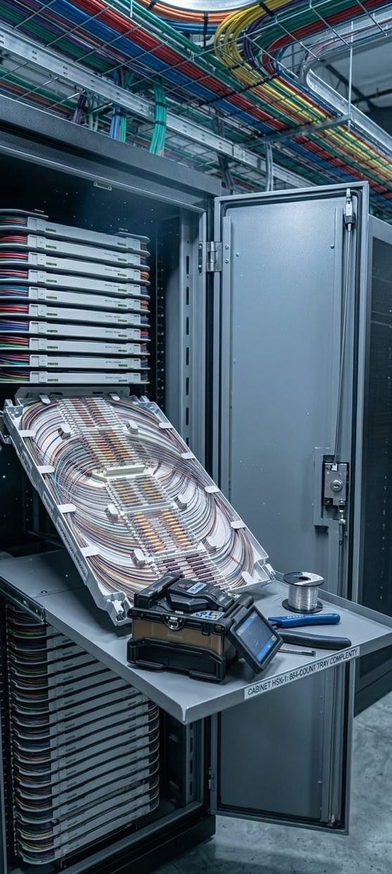 An open fiber splice cabinet in a data center with a stack of splice trays and an 864-count circular tray pulled onto a work shelf alongside a fusion splicer, cleaver, and fiber, under overhead trays of colored cable.