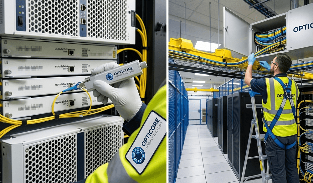 OptiCore technicians working on fiber connections in a data center