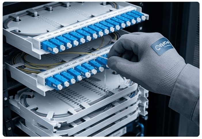 Gloved technician connecting fiber patch cables to a rack-mounted patch panel