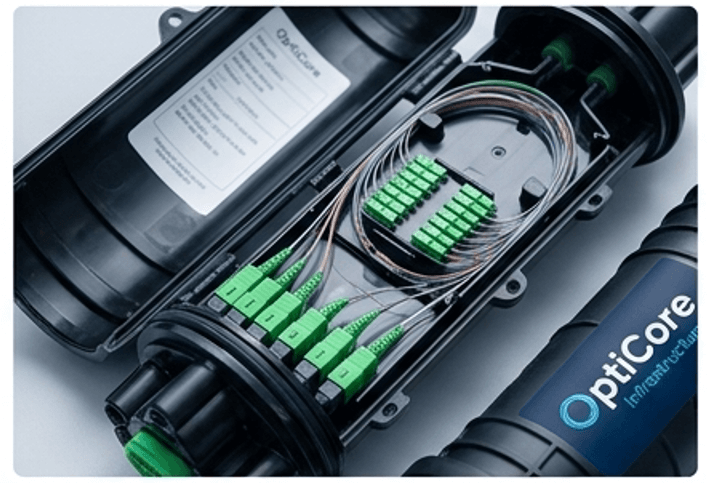 OptiCore-branded fiber splice closure opened to show splice trays