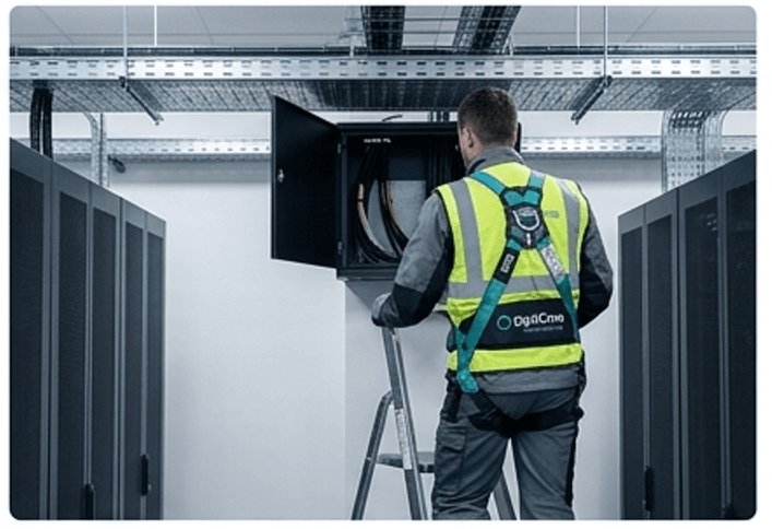 OptiCore technician on a ladder working with overhead cable trays in a data center
