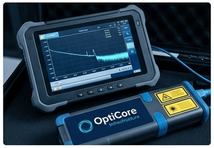 OptiCore OTDR test set displaying a fiber trace on screen