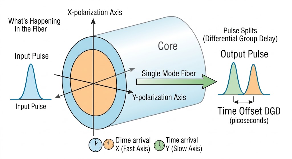 Cross-section of a single-mode fiber core with the X-polarization and Y-polarization axes drawn at right angles through a slightly oval core. An input pulse enters, splits across the fast and slow axes, and arrives at the output as two pulses offset in time — the differential group delay, measured in picoseconds.