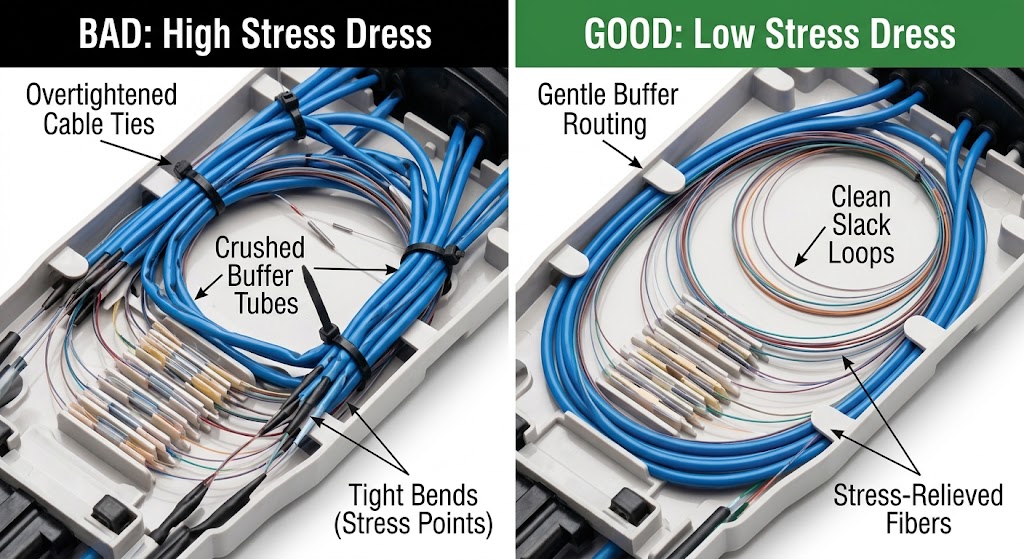 Two splice trays side by side. The bad tray on the left has over-tightened cable ties, crushed buffer tubes, and tight bends that create stress points. The good tray on the right has gentle buffer routing, clean open slack loops, and stress-relieved fibers.