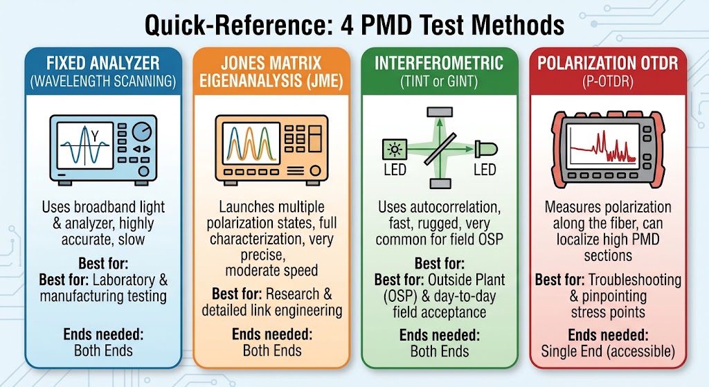 Quick-reference card comparing the four PMD test methods. Fixed Analyzer (wavelength scanning): broadband light and an analyzer, highly accurate but slow, both ends, best for lab and manufacturing. Jones Matrix Eigenanalysis: multiple polarization states, full characterization, moderate speed, both ends, best for research and link engineering. Interferometric (TINT or GINT): autocorrelation, fast and rugged, both ends, best for outside plant and day-to-day field acceptance. Polarization OTDR: measures polarization along the fiber to localize high-PMD sections, single accessible end, best for troubleshooting and pinpointing stress points.