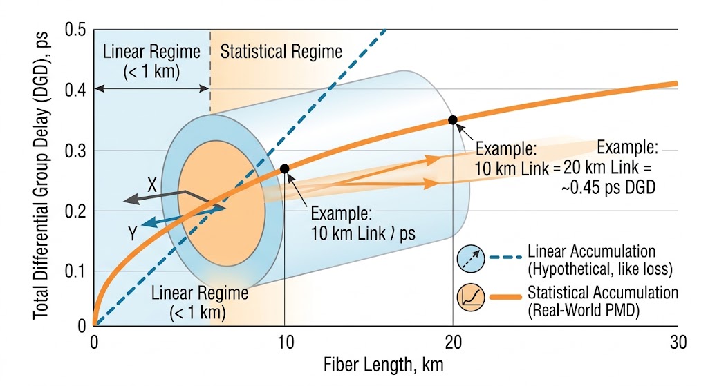 Chart of total differential group delay versus fiber length. A dashed line shows hypothetical linear accumulation, like loss. A solid curve shows real-world PMD accumulating with the square root of distance. The two track together in the linear regime under about 1 km, then diverge in the statistical regime, with an example marking a 20 km span at about 0.45 ps DGD.